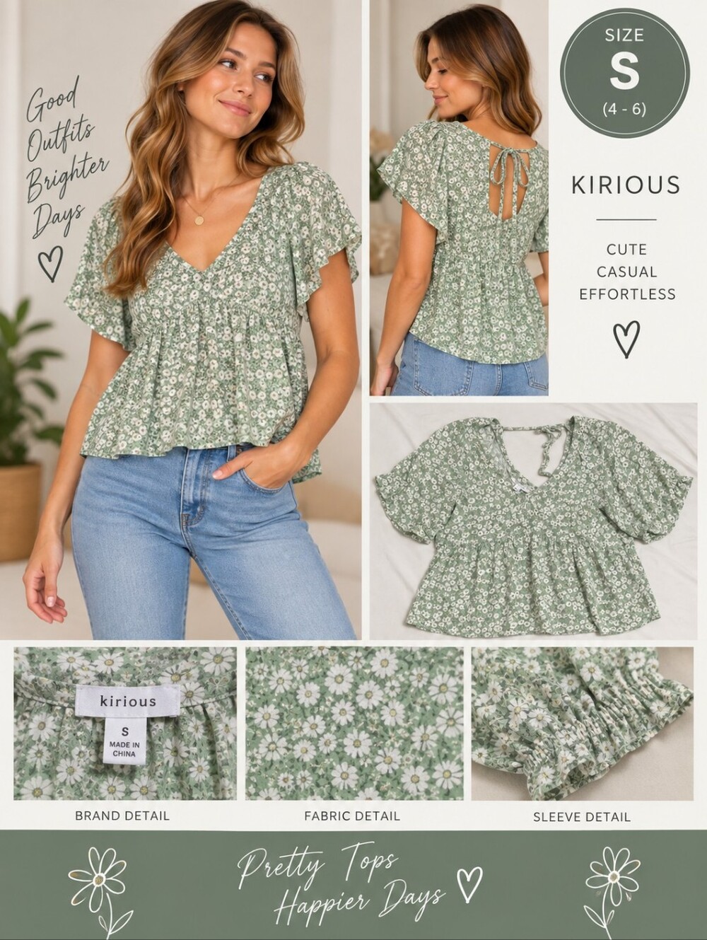 Kirious women's small green floral blouse #31